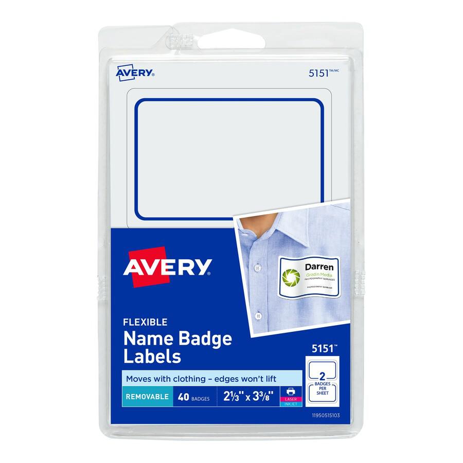 Avery Flexible Name Badge Labels - 2 1/3" Height x 3 3/8" Width - Removable Adhesive - Rectangle - Laser, Inkjet - Matte - White - Blue Border - Film - 2 / Sheet - 20 Total Sheets - 720 Total Label(s). Picture 2