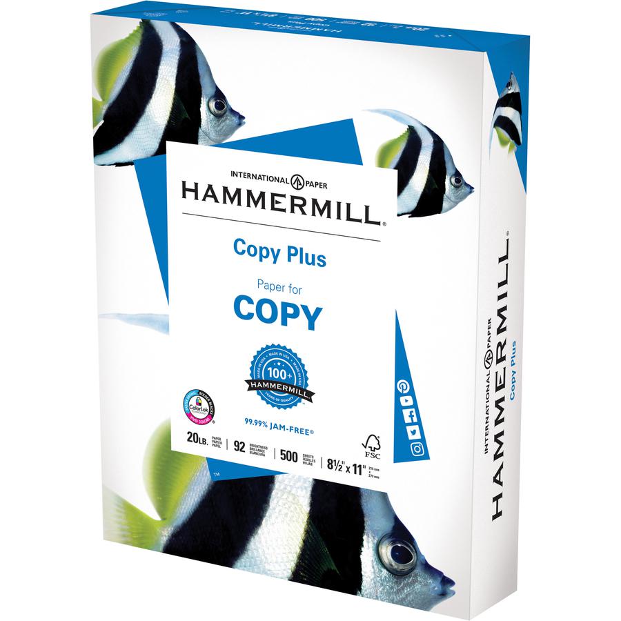 Hammermill Copy Plus Paper - White - 92 Brightness - Letter - 8 1/2" x 11" - 20 lb Basis Weight - 75 g/m&#178; Grammage - 5 / Carton - Acid-free, ColorLok Technology, Jam-free - White. Picture 2