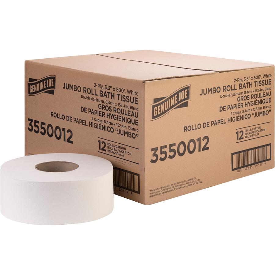 Genuine Joe Jumbo Jr Dispenser Bath Tissue Roll - 2 Ply - 3.30" x 500 ft - 8.88" Roll Diameter - White - Fiber - Sewer-safe, Septic Safe - For Bathroom - 12 / Carton. Picture 8