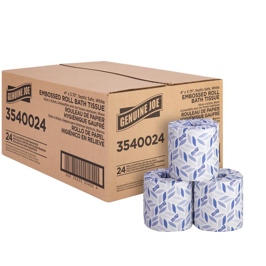 Genuine Joe 2-ply Bath Tissue Rolls - 2 Ply - 4" x 3.75" - 400 Sheets/Roll - White - 24 / Carton. Picture 8