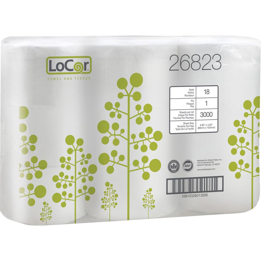 LoCor High-Capacity Bath Tissue - 1 Ply - 3.85" x 4.05" - 3000 Sheets/Roll - White - 18 Rolls Per Container - 6 / Box. Picture 3