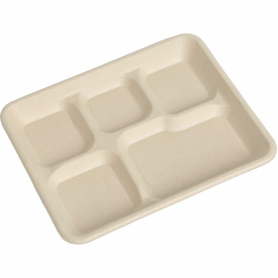 BluTable 8"x10" 5-Compartment Lunch Trays - Food - Natural - Molded Fiber, Sugarcane Fiber Body - 500 / Carton. Picture 4