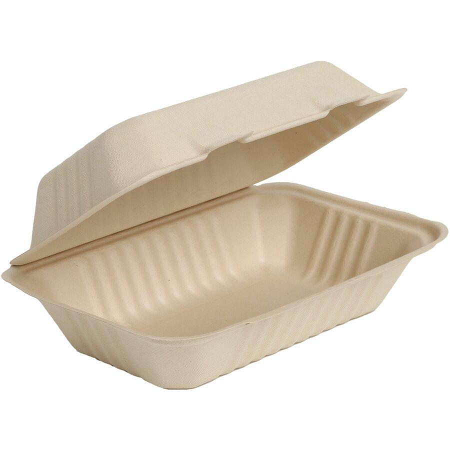 BluTable 27 oz Portable Clamshell Containers - Food - Natural - Molded Fiber, Sugarcane Fiber Body - 250 / Carton. Picture 6