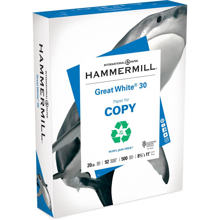 Hammermill Great White Recycled Copy Paper - White - 92 Brightness - Letter - 8 1/2" x 11" - 20 lb Basis Weight - 400 / Pallet - FSC - Acid-free, Archival-safe, Jam-free - White. Picture 3