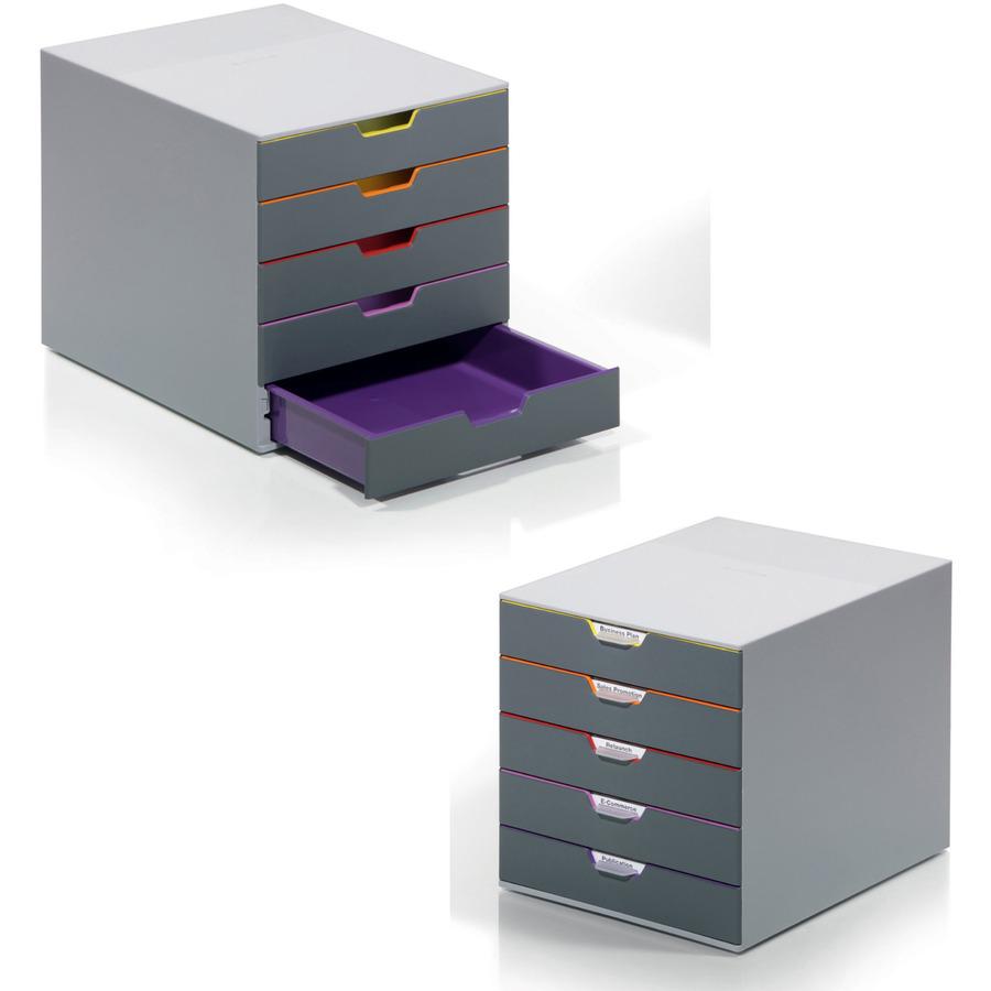 DURABLE&reg; VARICOLOR&reg; Desktop 5 Drawer Organizer - 11" W x 11-3/8" H x 14" D - 5 Drawers - Color Labeled Tabs - Charcoal. Picture 2