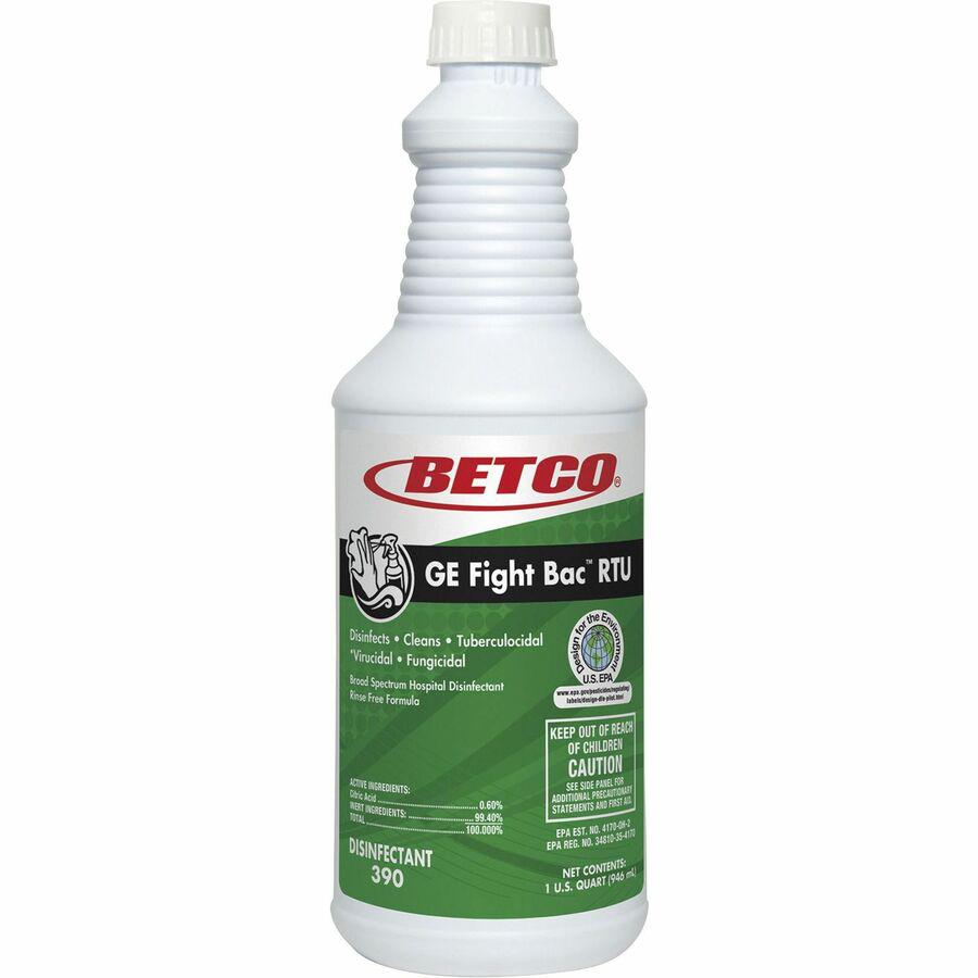 Betco Fight Bac RTU Disinfectant - Ready-To-Use - 32 fl oz (1 quart) - Fresh Scent - 12 / Carton - Rinse-free, Non-irritating - Clear. Picture 4