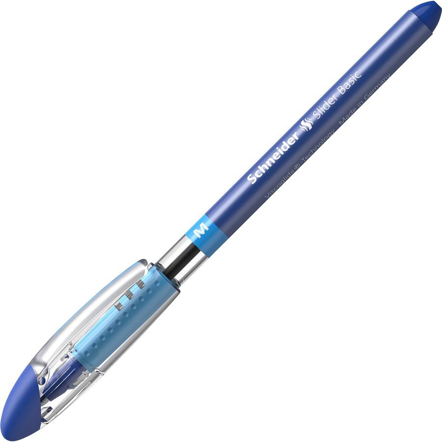 Schneider Slider Basic Medium Ballpoint Pen - Medium Pen Point - 1 mm Pen Point Size - Blue - Transparent Rubberized, Blue Barrel - Stainless Steel Tip - 10 / Pack. Picture 10