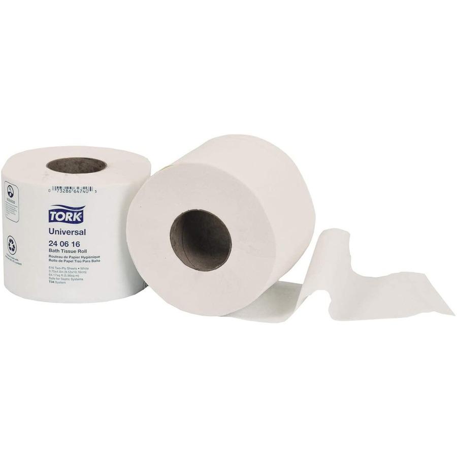 Tork Universal Bath Tissue Roll - 2 Ply - 3.75" x 205.33 ft - 616 Sheets/Roll - 5" Roll Diameter - White - Fiber - Embossed, Soft, Absorbent - For Bathroom, Plumbing - 616 / Roll. Picture 3