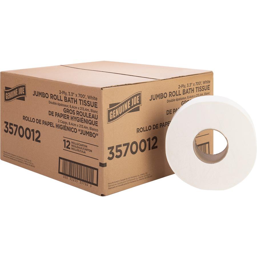 Genuine Joe Jumbo Jr Dispenser Bath Tissue Roll - 2 Ply - 3.30" x 700 ft - 8.88" Roll Diameter - White - Fiber - 12 / Carton. Picture 6