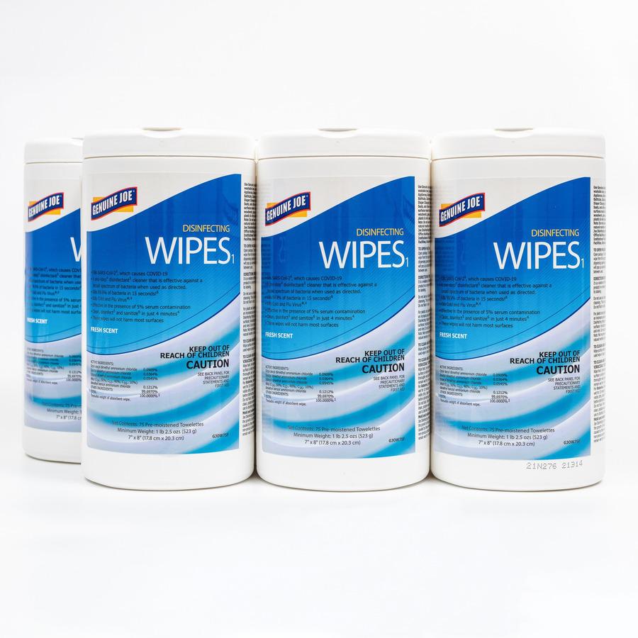 Genuine Joe Disinfecting Wipes - Ready-To-Use Towel - Fresh Citrus Scent - 7" Width x 8" Length - 75 / Tub - 6 / Carton - White. Picture 7