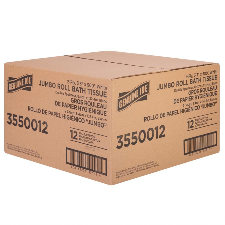 Genuine Joe Jumbo Jr Dispenser Bath Tissue Roll - 2 Ply - 3.30" x 500 ft - 8.88" Roll Diameter - White - Fiber - Sewer-safe, Septic Safe - For Bathroom - 12 / Carton. Picture 5