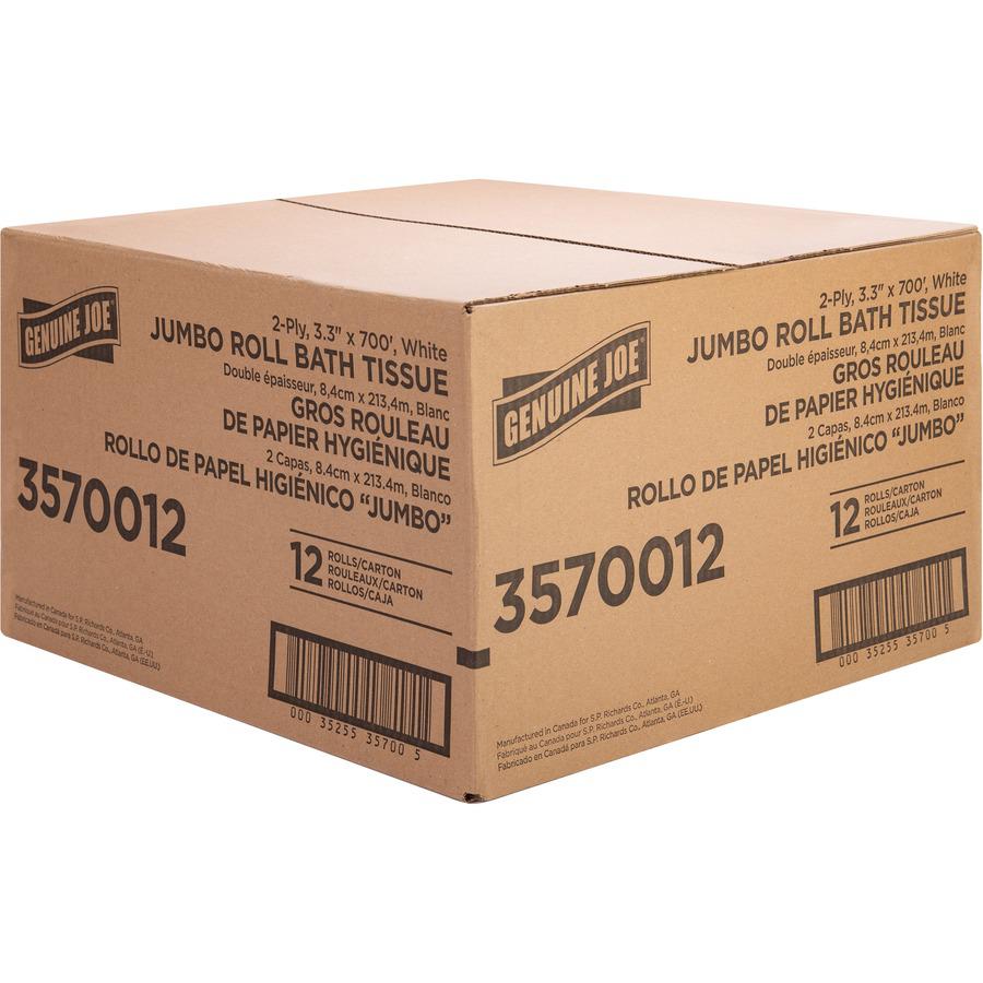 Genuine Joe Jumbo Jr Dispenser Bath Tissue Roll - 2 Ply - 3.30" x 700 ft - 8.88" Roll Diameter - White - Fiber - 12 / Carton. Picture 8