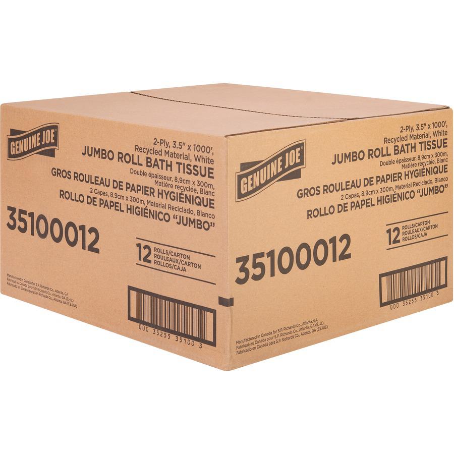 Genuine Joe Jumbo Jr Dispenser Bath Tissue Roll - 2 Ply - 3.50" x 1000 ft - 8.88" Roll Diameter - White - Fiber - 12 / Carton. Picture 8