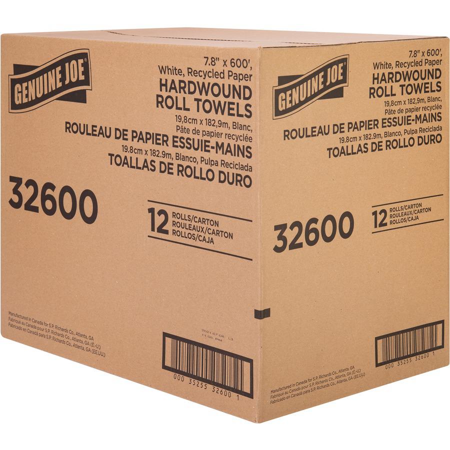 Genuine Joe Hardwound Roll Paper Towels - 12" x 600 ft - White - Paper - Absorbent - For Restroom - 1 / Carton. Picture 2
