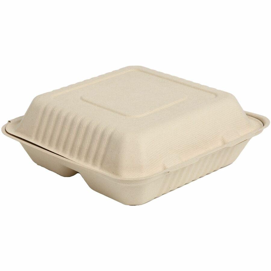 BluTable 39 oz 3-Compartment Portable Clamshell Containers - Food - Natural - Molded Fiber, Sugarcane Fiber Body - 200 / Carton. Picture 3