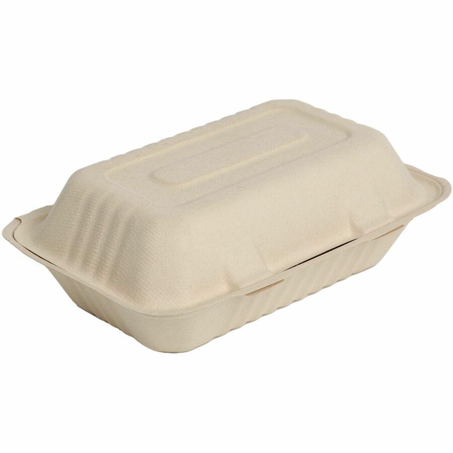 BluTable 27 oz Portable Clamshell Containers - Food - Natural - Molded Fiber, Sugarcane Fiber Body - 250 / Carton. Picture 3