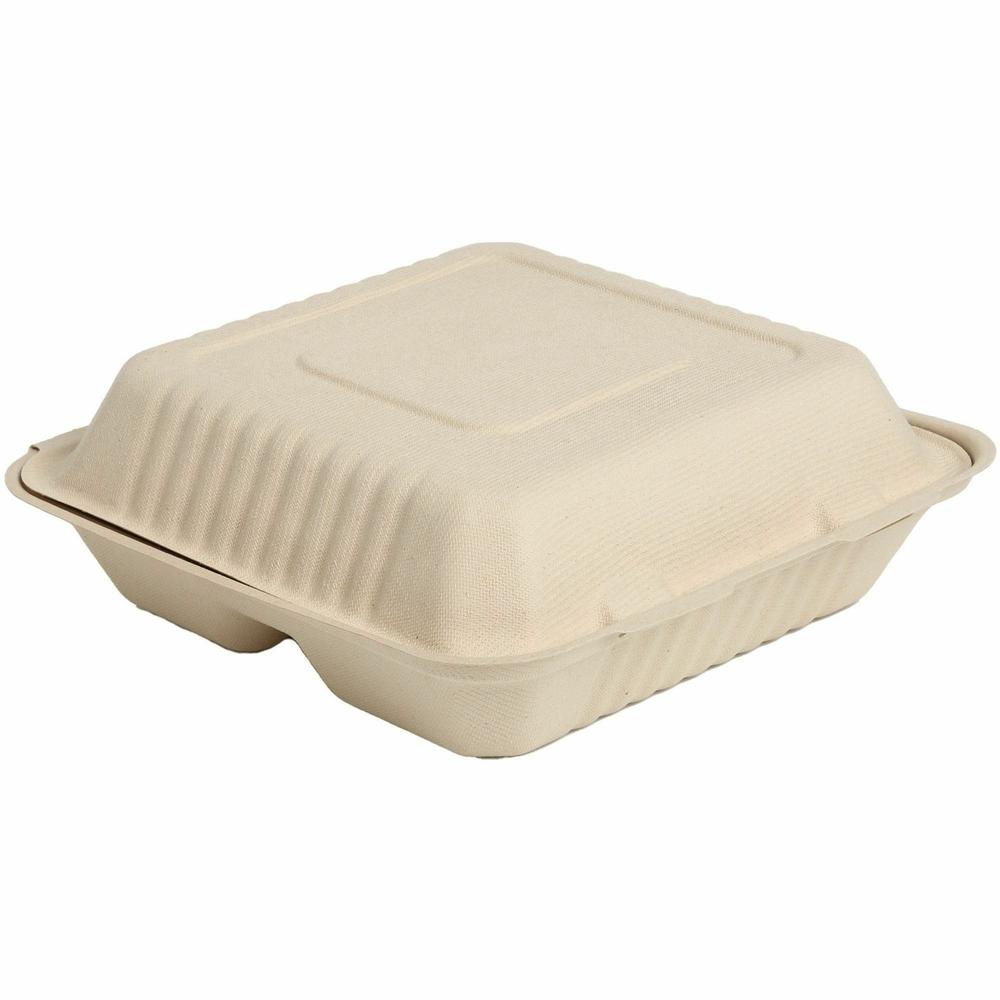 BluTable 39 oz 3-Compartment Portable Clamshell Containers - Food - Natural - Molded Fiber, Sugarcane Fiber Body - 200 / Carton. Picture 2