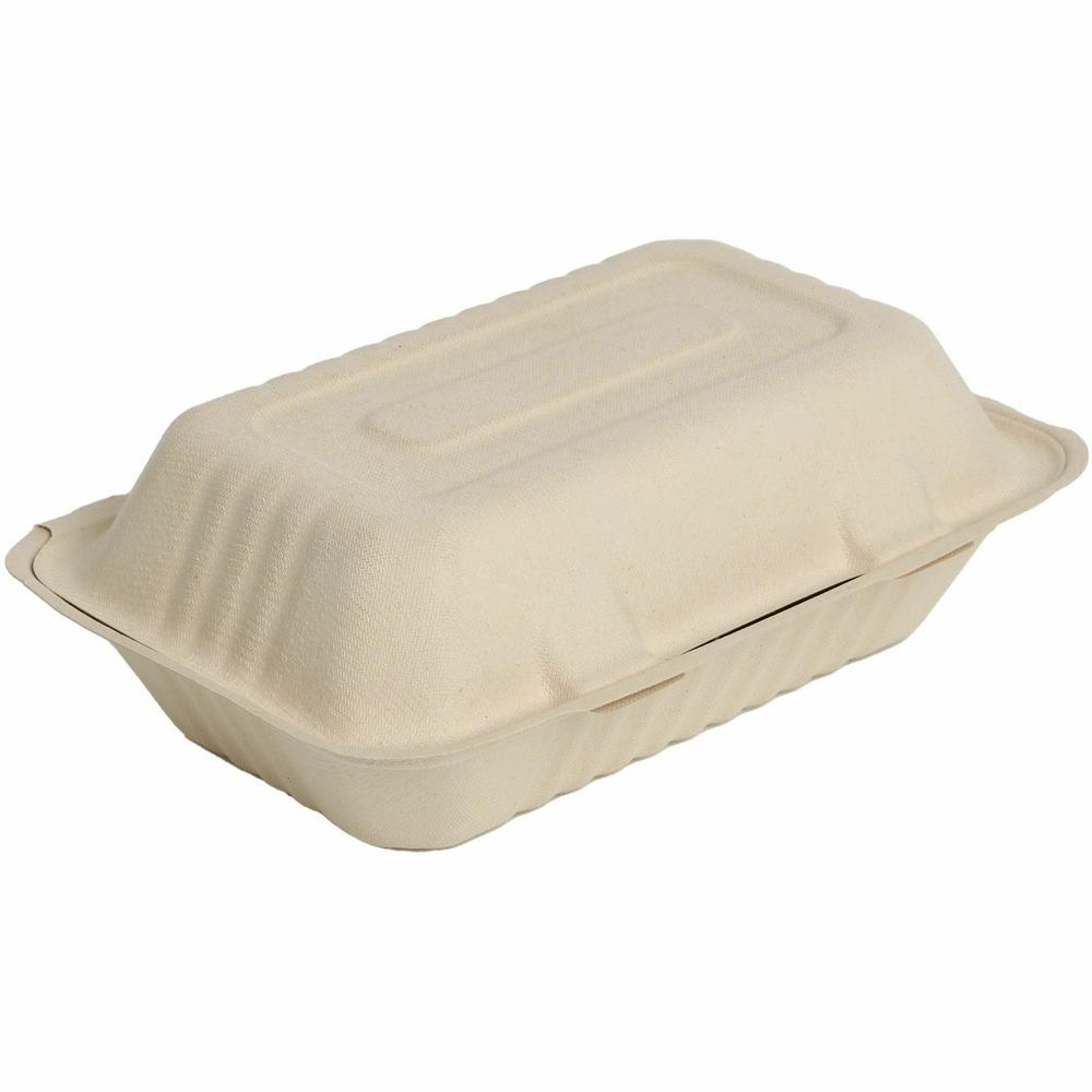 BluTable 27 oz Portable Clamshell Containers - Food - Natural - Molded Fiber, Sugarcane Fiber Body - 250 / Carton. Picture 2