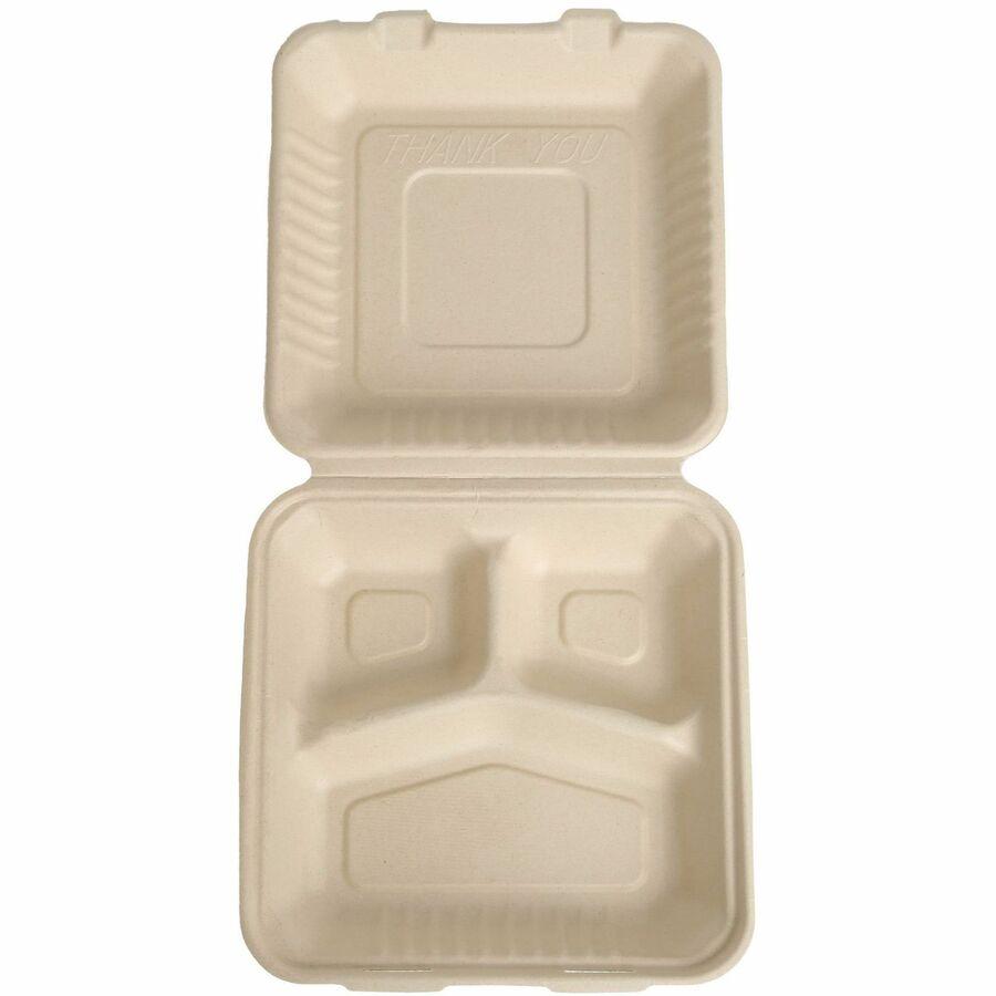 BluTable 39 oz 3-Compartment Portable Clamshell Containers - Food - Natural - Molded Fiber, Sugarcane Fiber Body - 200 / Carton. Picture 5