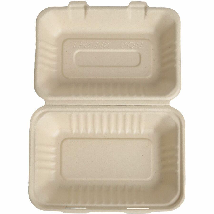 BluTable 27 oz Portable Clamshell Containers - Food - Natural - Molded Fiber, Sugarcane Fiber Body - 250 / Carton. Picture 5