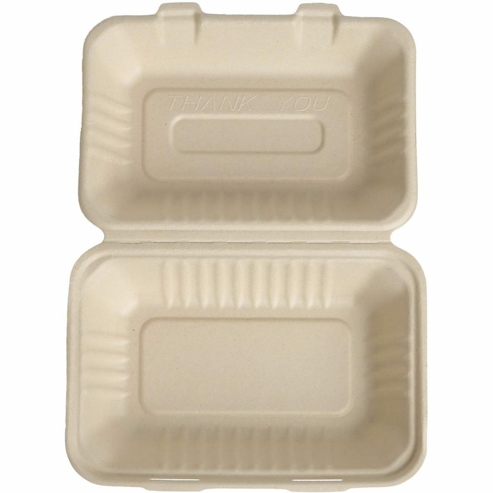 BluTable 27 oz Portable Clamshell Containers - Food - Natural - Molded Fiber, Sugarcane Fiber Body - 250 / Carton. Picture 4