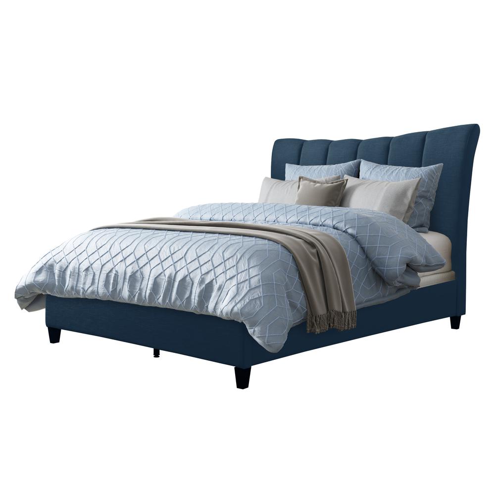 Navy Blue Fabric Vertical Channel-Tufted Queen Bed Frame. Picture 1