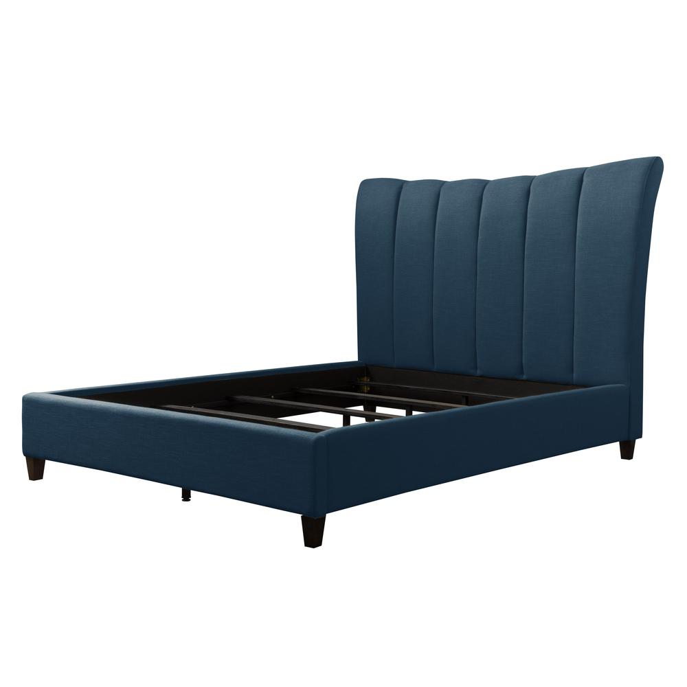 Navy Blue Fabric Vertical Channel-Tufted Queen Bed Frame. Picture 2