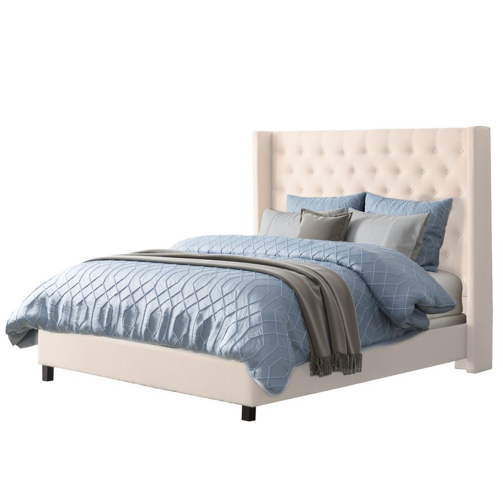 Fairfield Cream Tufted Fabric Bed with Wings, Queen. Picture 1