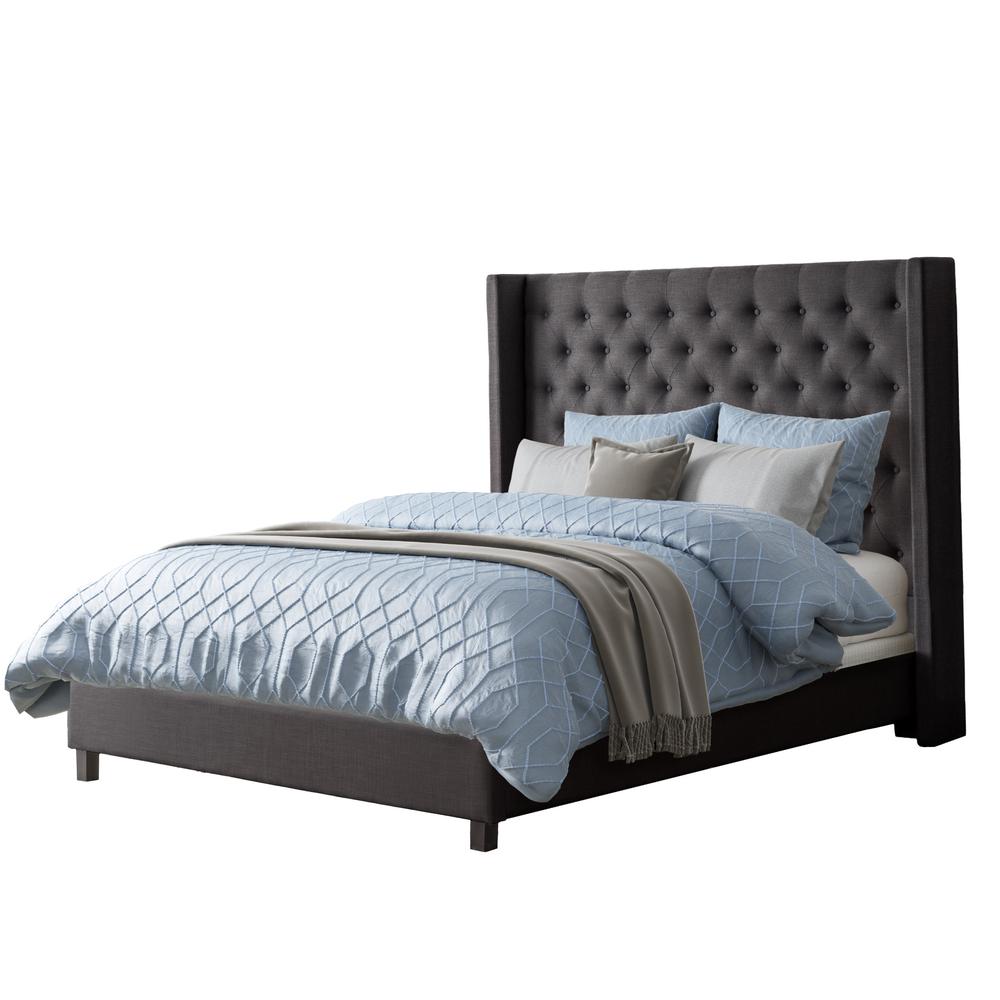 Dark Grey Fabric Tufted Bed with Wings, Queen. Picture 1