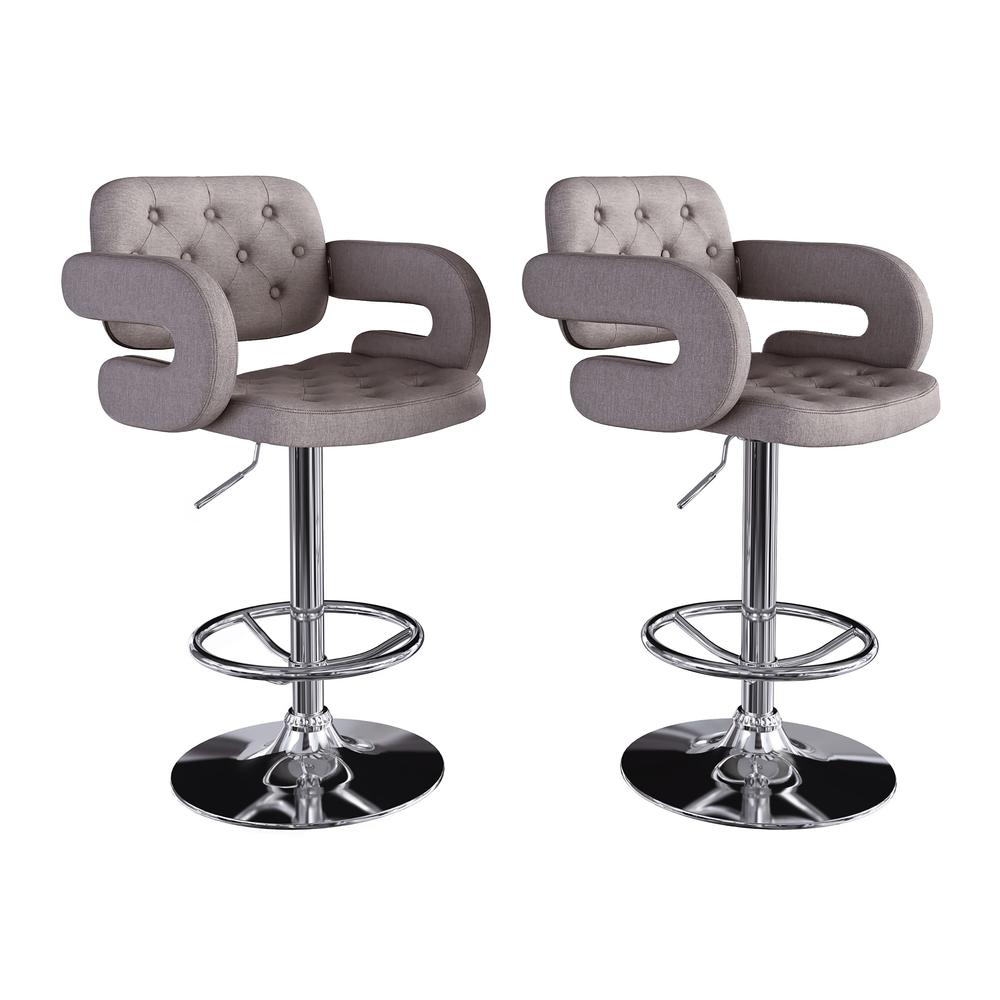 Adjustable Tufted Medium Grey Fabric Barstool with Armrests, set of 2. Picture 1