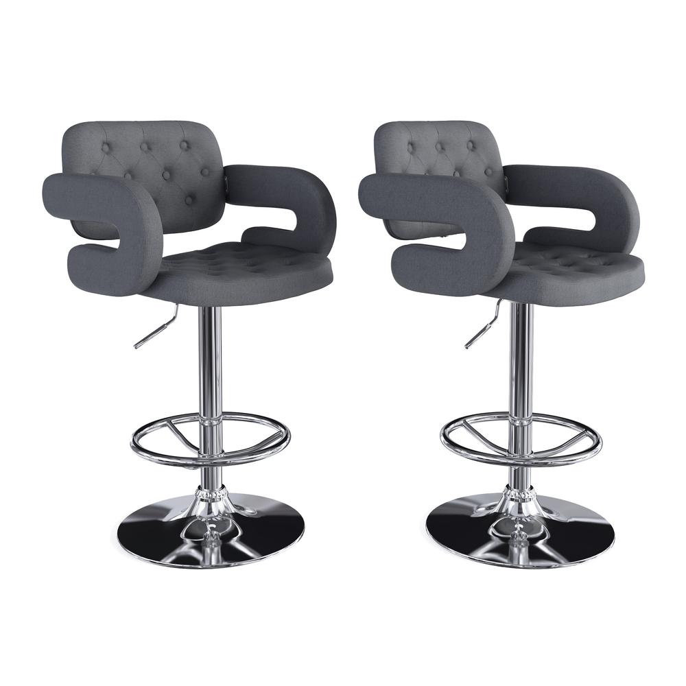 Adjustable Tufted Dark Grey Fabric Barstool with Armrests, set of 2. Picture 1