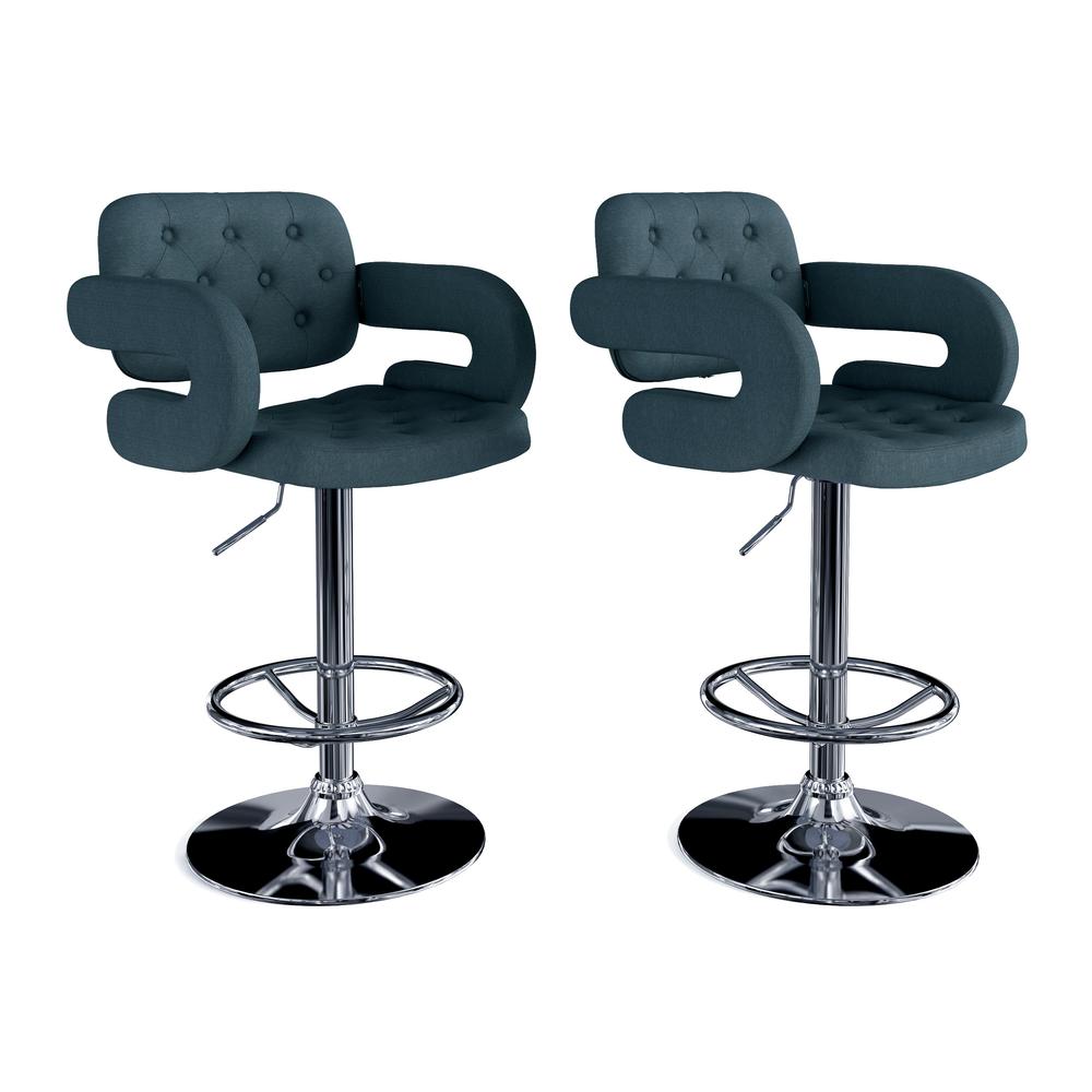 Adjustable Tufted Dark Blue Fabric Barstool with Armrests, set of 2. The main picture.