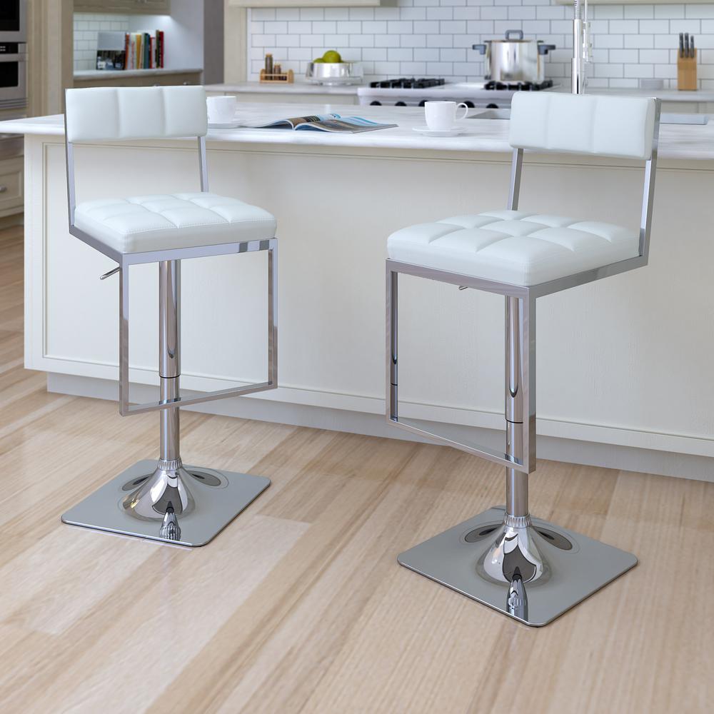 Square Tufted Adjustable Barstool in White Leatherette, set of 2. Picture 2