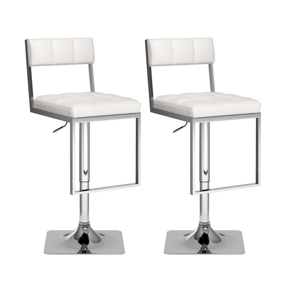 Square Tufted Adjustable Barstool in White Leatherette, set of 2. Picture 1