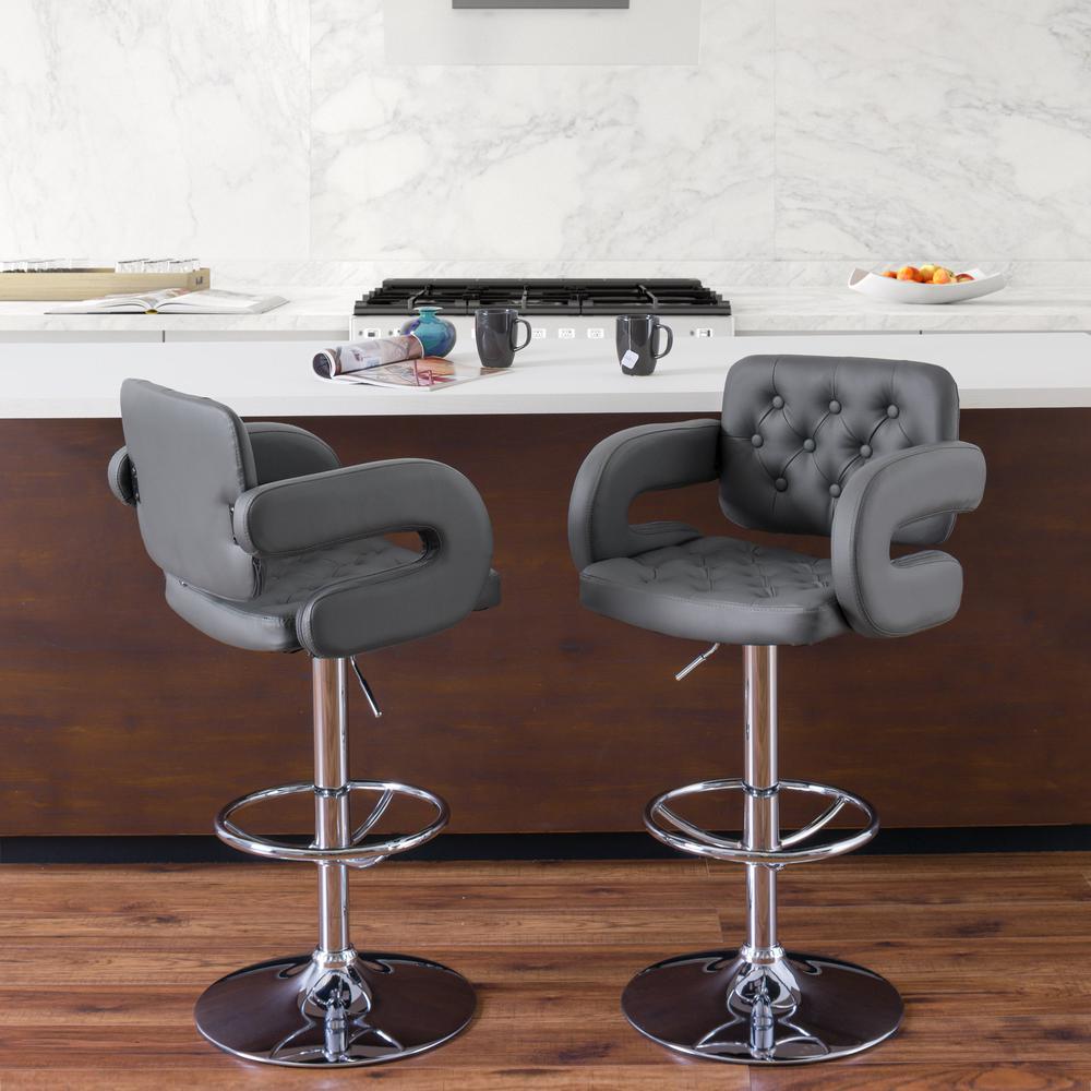 Adjustable Tufted Dark Grey Bonded Leather Barstool with Armrests, set of 2. Picture 6