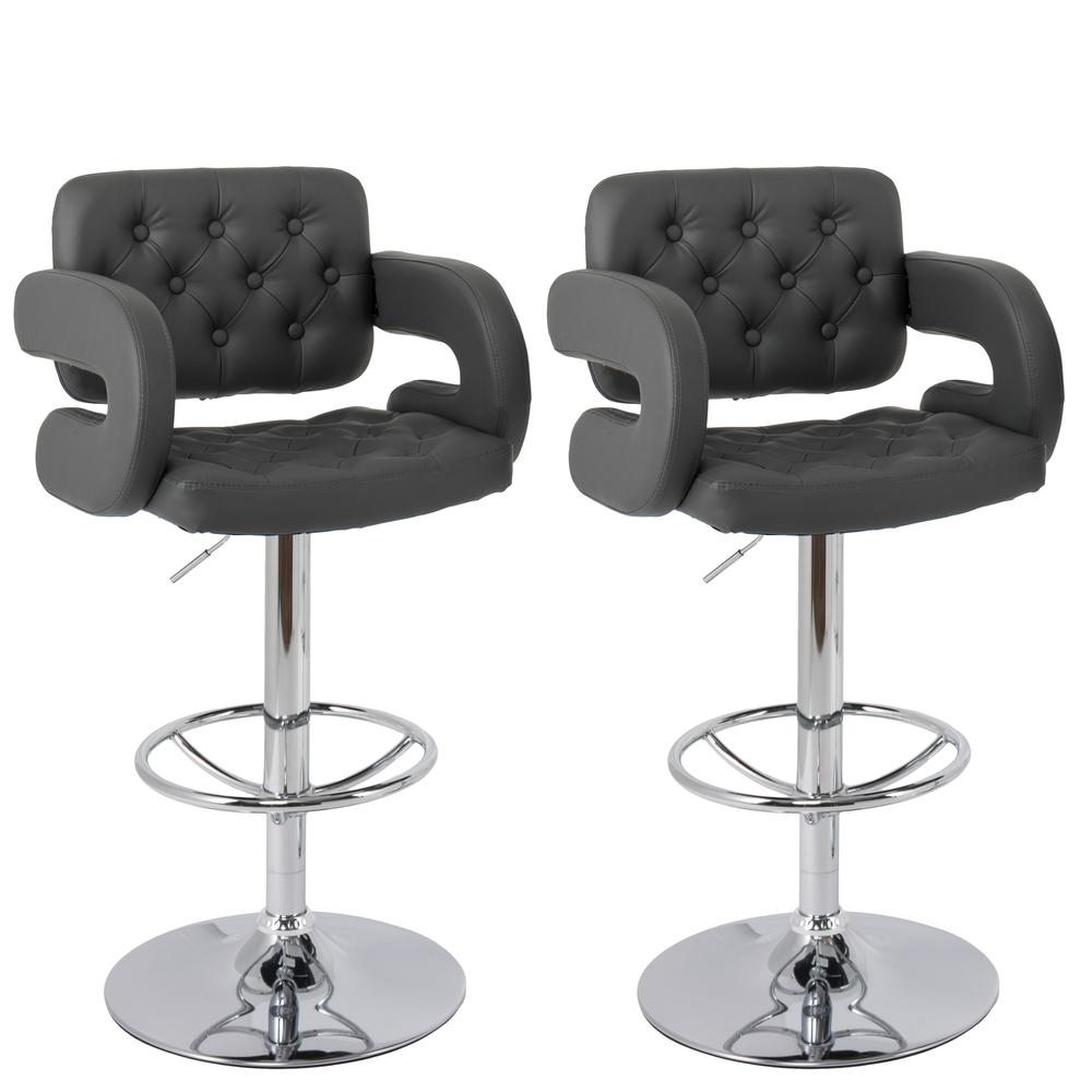 Adjustable Tufted Dark Grey Bonded Leather Barstool with Armrests, set of 2. Picture 1
