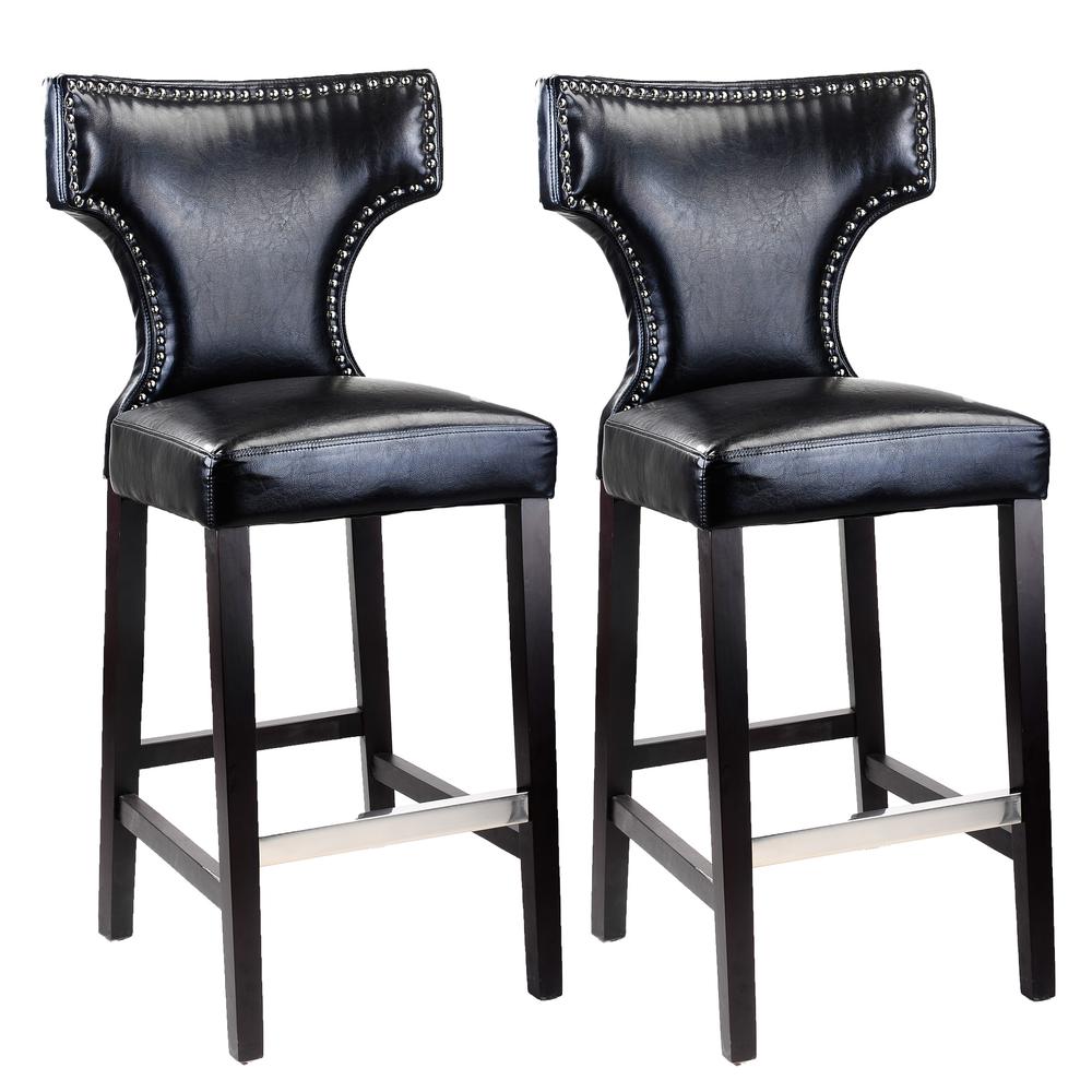 Kings Bar Height Barstool in Black with Metal Studs, set of 2. Picture 1