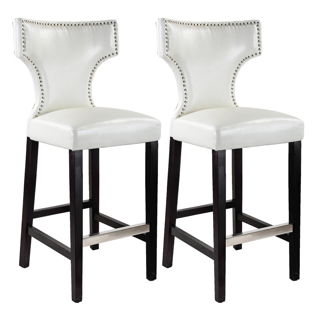 Kings Bar Height Barstool in White with Metal Studs, set of 2. Picture 1