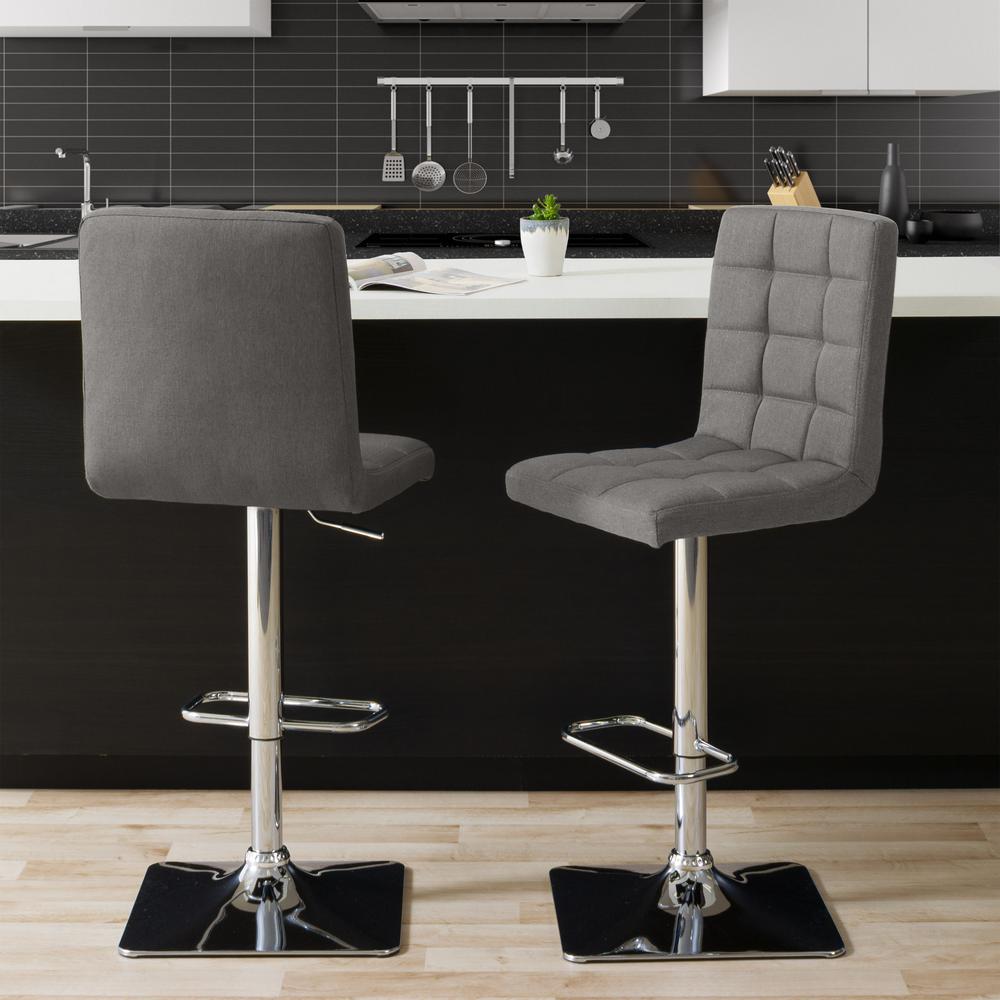 Heavy Duty Gas Lift Adjustable Barstool in Tufted Medium Grey Fabric, set of 2. Picture 6