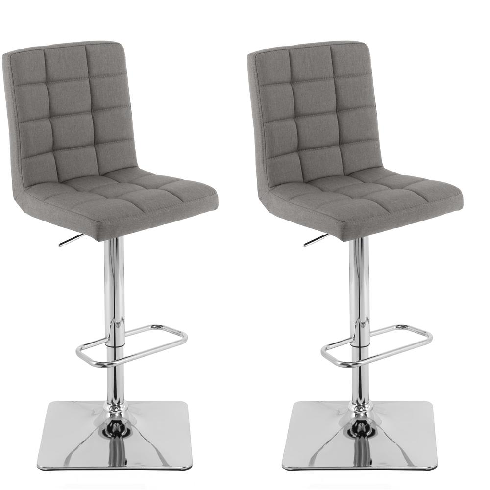 Heavy Duty Gas Lift Adjustable Barstool in Tufted Medium Grey Fabric, set of 2. Picture 1