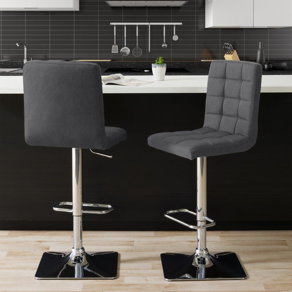 Heavy Duty Gas Lift Adjustable Barstool in Tufted Dark Grey Fabric, set of 2. Picture 6