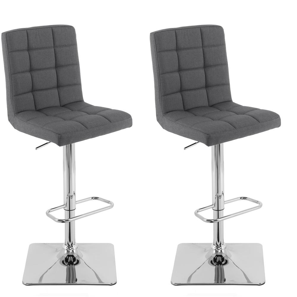 Heavy Duty Gas Lift Adjustable Barstool in Tufted Dark Grey Fabric, set of 2. Picture 1