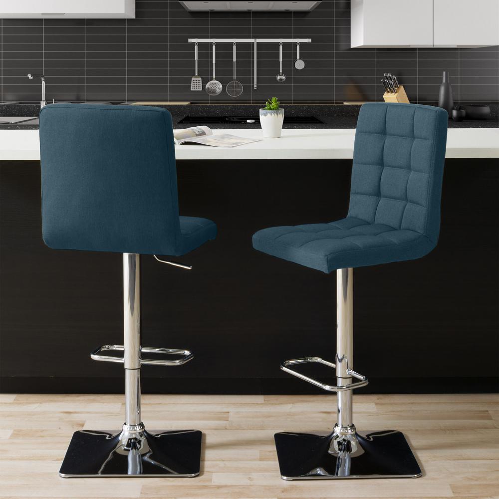 Heavy Duty Gas Lift Adjustable Barstool in Tufted Dark Blue Fabric, set of 2. Picture 6
