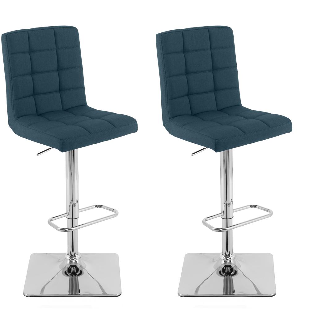 Heavy Duty Gas Lift Adjustable Barstool in Tufted Dark Blue Fabric, set of 2. Picture 1