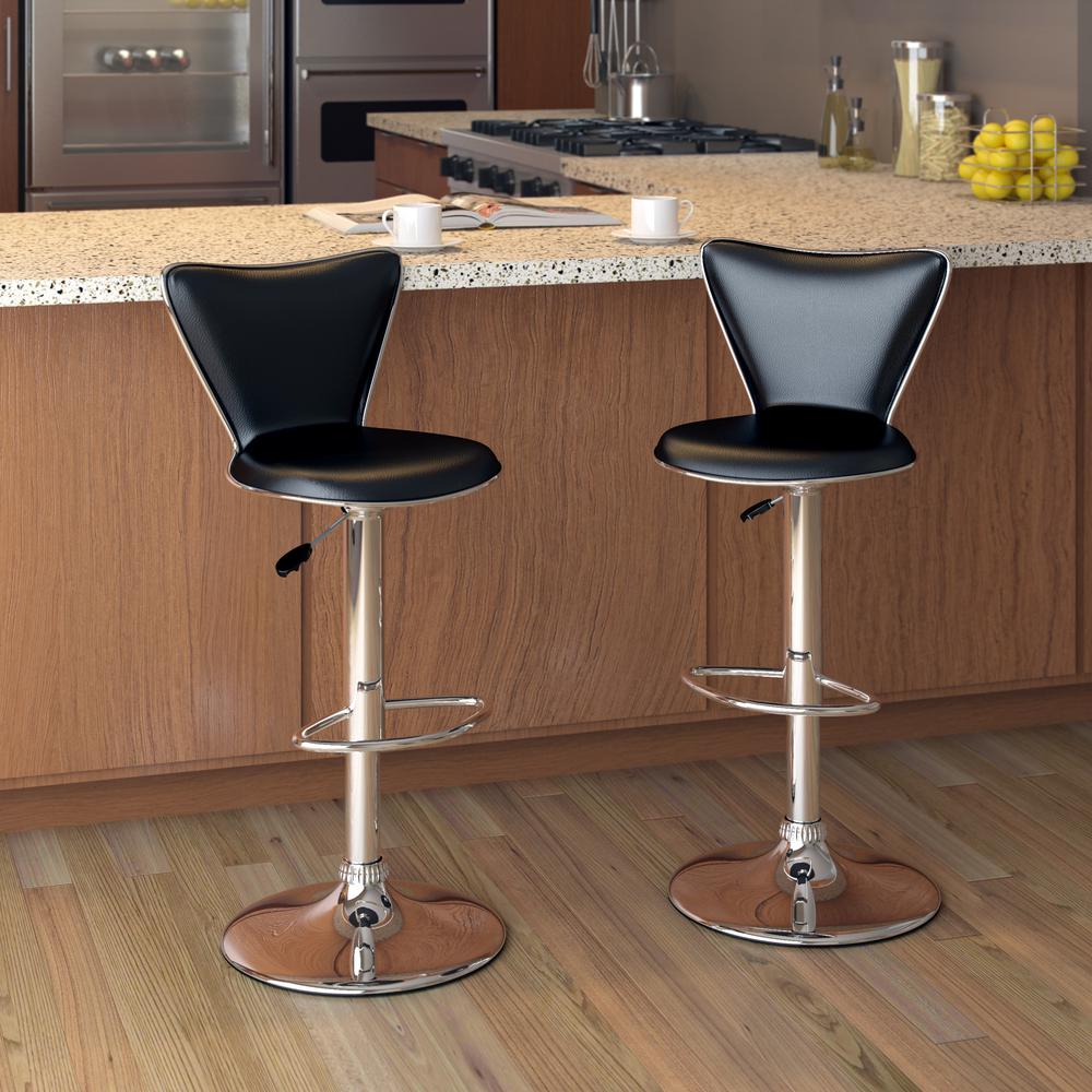 Tall Curved Back Adjustable Bar Stool in Black Leatherette, set of 2. Picture 5