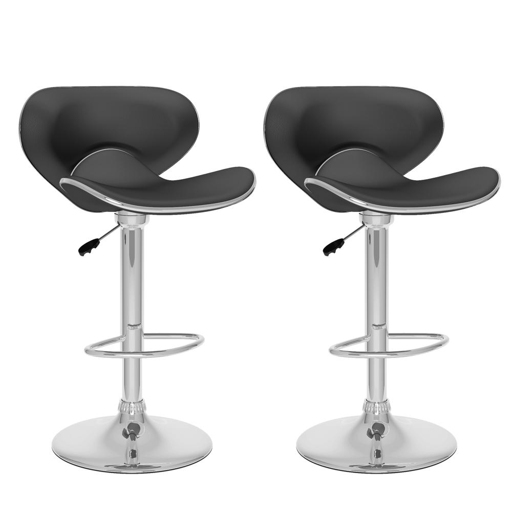 Curved Form Fitting Adjustable Bar Stool in Black Leatherette, set of 2. Picture 1