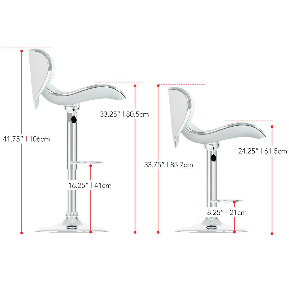 Curved Form Fitting Adjustable Bar Stool in White Leatherette, set of 2. Picture 5