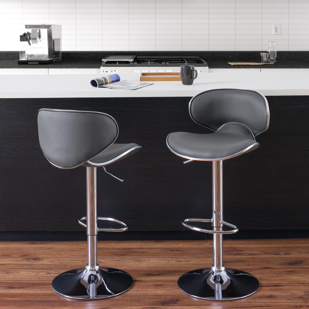 Curved Form Fitting Adjustable Barstool in Dark Grey Bonded Leather, set of 2. Picture 5
