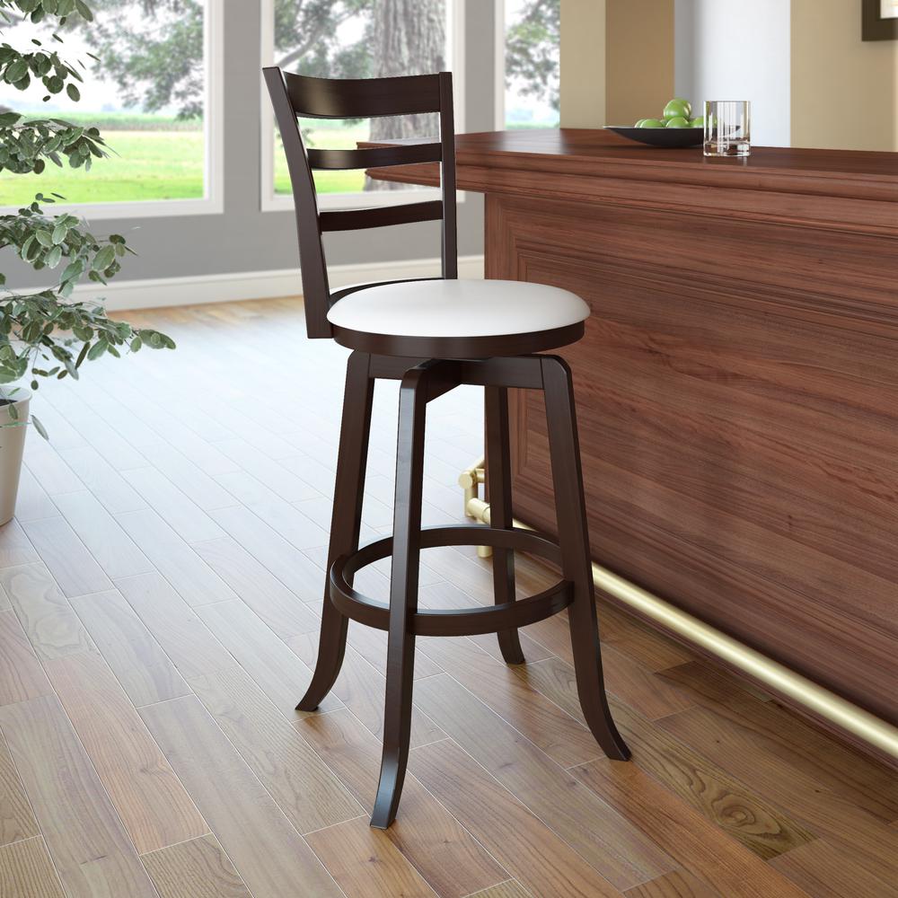 Woodgrove Bar Height Barstool in Espresso and White Leatherette. Picture 3