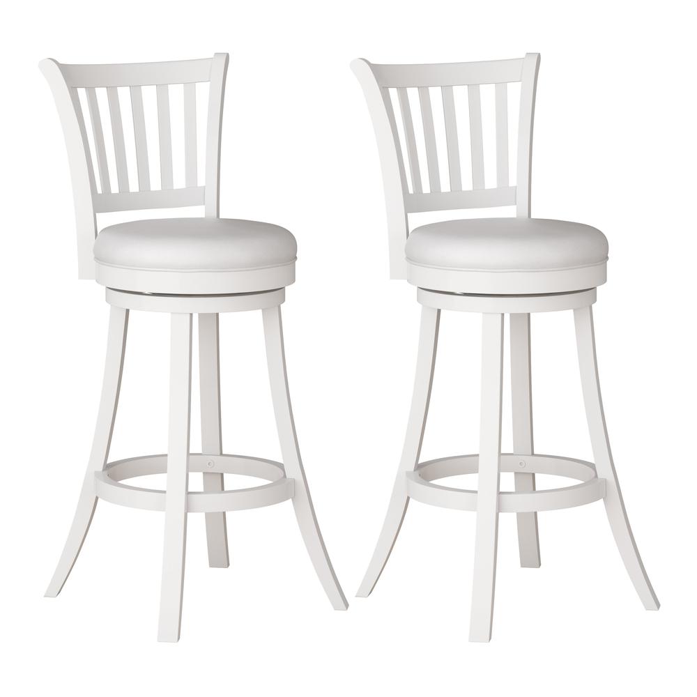 CorLiving Woodgrove White Faux Leather Swivel Barstool, Set of 2. Picture 1